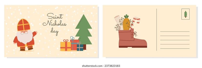 Postcard for Saint Nicholas Day. Sinterklaas Eve. Cute character gnome, christmas tree, gifts box, shoe with carrot, note, lollipop candy. Vector flat illustration.