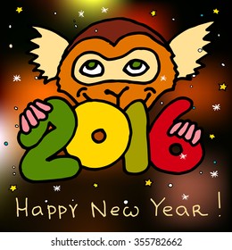 Postcard with sajmiri monkey with letters 2016. Merry Christmas and Happy New Year colorful cartoon vector illustration on dark winter background. Chinese calendar