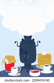 A postcard with a samovar creates an atmosphere of home warmth and comfort. On Maslenitsa, it is customary to treat everyone to taste pancakes with tea from a samovar. Flat vector illustration.