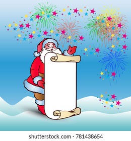 Postcard, Santa Claus with blank sheet of parchment for congratulations and invitation, cartoon on blue background and salute, vector