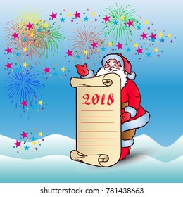 Postcard, Santa Claus with blank sheet of parchment for congratulations and invitation for 2018, cartoon on blue background and salute, vector