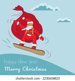 Postcard with Santa Claus on a snowboard and a bag with gifts. Merry Christmas and Happy New Year