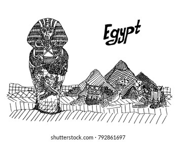 postcard with the sarcophagus of the pharaoh against the background of pyramids giza sketch