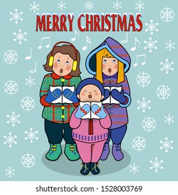 Postcard with Scandinavian style. Children sing Christmas songs in snowfall.