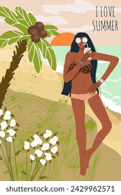 Postal con escena de mujer, niña en vacaciones de verano en la naturaleza, contra el fondo de la puesta de sol o el amanecer en la costa del mar, océano, viaje al mar, viaje. Ilustración dibujada a mano del vector.