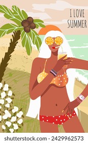 Postal con escena de mujer, niña en vacaciones de verano en la naturaleza, contra el fondo de la puesta de sol o el amanecer en la costa del mar, océano, viaje al mar, viaje. Ilustración dibujada a mano del vector.