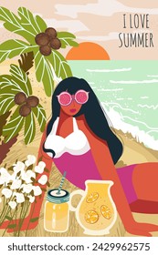 Postal con escena de mujer, niña en vacaciones de verano en la naturaleza, contra el fondo de la puesta de sol o el amanecer en la costa del mar, océano, viaje al mar, viaje. Ilustración dibujada a mano del vector.