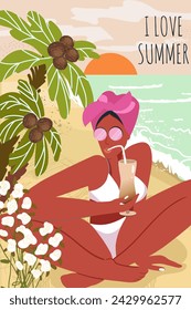 Postal con escena de mujer, niña en vacaciones de verano en la naturaleza, contra el fondo de la puesta de sol o el amanecer en la costa del mar, océano, viaje al mar, viaje. Ilustración dibujada a mano del vector.