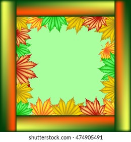 Postcard School of maple leaves. Frame made of wooden planks and maple leaves on a light green background.
