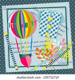 postcard in scrapbook style with air balloon, buttons, laces, paper heart and boy shirt in cells
