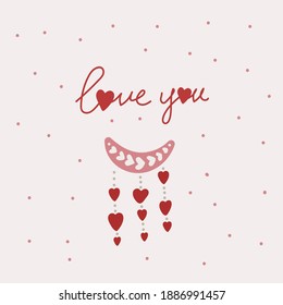 A postcard with a scribbled heart. Letters of the inscription Love you. Cute background of hearts with words gift for your loved ones. Poster for Valentine's Day. Vector illustration