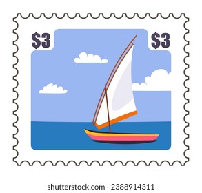 Postcard with sea or ocean water waves and yacht or sailboat. Ship boat cruise, summer adventure in Turkey. Postal mark or card with price, correspondence and mailing sticker. Vector in flat style