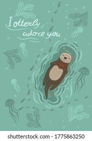 Postcard with sea otter and crab and the inscription I otterly adore you . Vector graphics