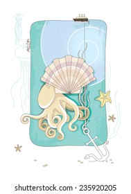 Postcard with sea shell, anchor and octopus