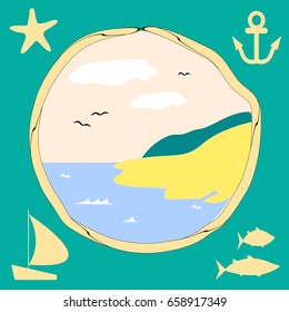 Postcard with seascape and sea symbols