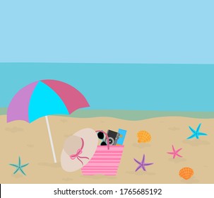 Postcard seascape summer beach bag sunglasses cream camera hat umbrella starfish seashell vector illustration