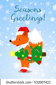 Postcard season greetings. Costumed animal. Fox in santa hat with a tree. Vector illustration.
