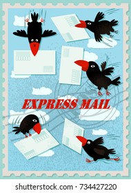 Postcard. Set of birds. Funny Raven flies. To apply for the post of symbols, postcards, flyers, icons, corporate identity