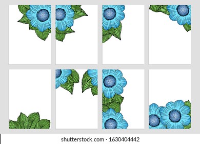 Postcard set with blue big flowers and green leaves. Template design for invitation, poster, card, print.  White background with colorful floral border. Copy space.