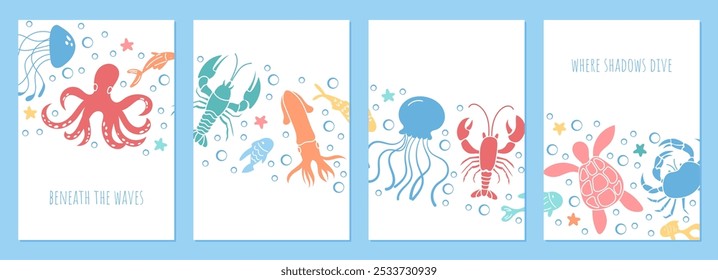 Postcard set featuring vibrant underwater marine life with a variety of sea creatures. The ocean illustration design boasts colorful reef animals and playful water elements in a whimsical scene.