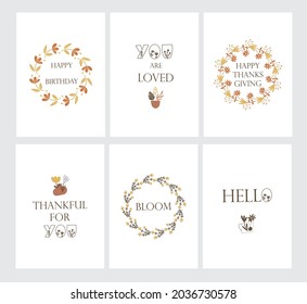 Postcard set with floral elements and greeting quotes. Vector illustration. 