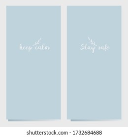 Postcard set with leaf and motivation modern calligraphy phrase. Simple minimalistic postcards with nature element.Postcards with botanical element and stay safe, keep calm phrases. 