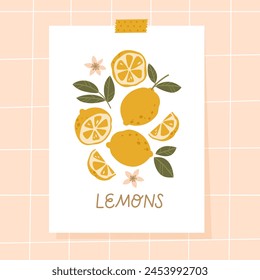 Postcard with a set of lemons and leaves. Suitable for a holiday invitation. Vector illustration