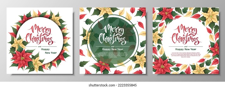 Postcard set with red and yellow poinsettia. Christmas and New Year background. Winter plants for decorating invitations, banners, flyers, etc.