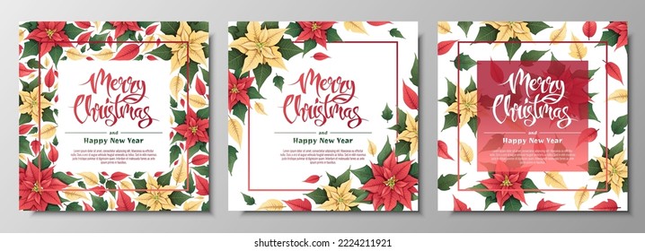 Postcard set with red and yellow poinsettia. Christmas and New Year background. Winter plants for decorating invitations, banners, flyers, etc.