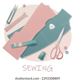 Postcard with sewing tools. Sewing, hobby, needlework. Illustration with a pattern, pattern and scissors. Background, banner flyer for a sewing workshop