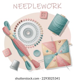 Postcard with sewing tools. Sewing, hobby, needlework. Illustration with swatch pins, thread, pincushion, buttons.Background, banner flyer for sewing workshop