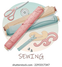 Postcard with sewing tools. Sewing, hobby, needlework. Illustration with fabric roll, pattern and scissors