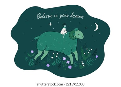Postcard with a sheep and a girl. Vector graphics.