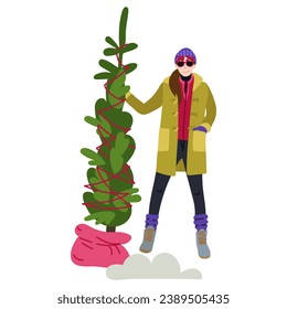A postcard showing a girl in a coat and boots holding a Christmas tree with one hand. Points from 2024. Festive modern poster for the New Year holidays. Vector illustration.
