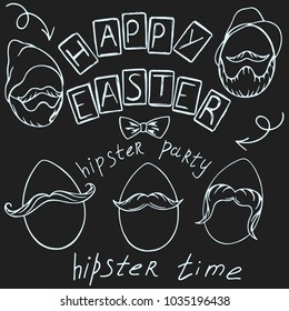 postcard with the sign of happy easter, hipster time, hipster party, boradat eggs, eggs with mustache, vector illustration
