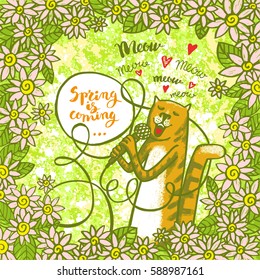 Postcard Singing cat. Vector Color illustration.