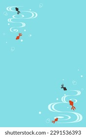 Postcard size vertical message card with goldfish and flowing water pattern on cool light blue background. Vector illustration.