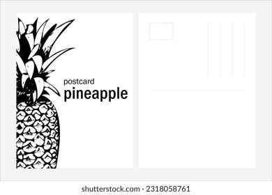 Postcard with sketch pineapple. Card template with text and fields. Drawn Fruit. Half a tropical fruit. Vegan food, vitamins. Vector illustration.