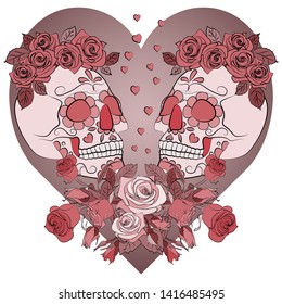 postcard with a skull with a floral composition on the background of the heart, a symbol of the traditional Mexican holiday Day of the dead and the Day of angels