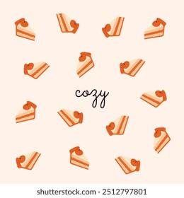 Postcard with slices of pumpkin pie arranged around the word "cozy" on a warm autumnal light beige background. Ideal for seasonal greeting cards, invitations, or fall projects. Thanksgiving Day.