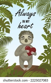 Postcard with a sloth for Valentine's Day. A sloth in love with a heart in his hands.