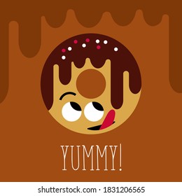 Postcard with smiling doughnut and chocolate drips. Fun and yummy doughnut character.