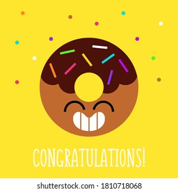 Postcard with smiling doughnut and confetti. Fun doughnut character.