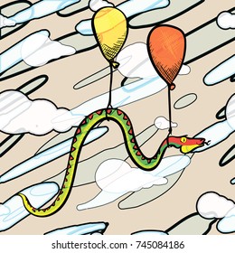 postcard, the snake is flying in the clouds on balloons