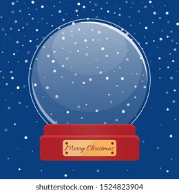 Postcard snow globe with snowflakes inside and golden greeting board Happy New Year. Christmas holiday card with glossy bubble with snowfall decoration. Xmas greeting with snowy sphere vector