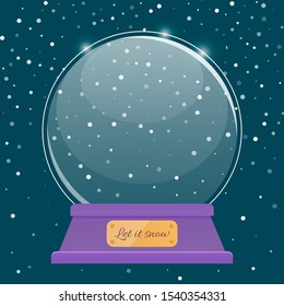 Postcard snow globe with snowflakes inside and golden greeting board Happy New Year. Christmas holiday card with glossy bubble with snowfall decoration. Xmas greeting with snowy sphere vector