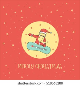 Postcard with snow men riding on the green snowboard decorated with snowflakes and mountains on the red background. I LOVE SNOWBOARDING quote, Winter sport snowboarding. Vector stock. Merry Christmas
