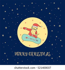 Postcard with snow men riding on the green snowboard decorated with snowflakes and mountains on the red background. I LOVE SNOWBOARDING quote, Winter sport snowboarding. Vector stock. Merry Christmas
