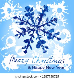 Postcard with snowflake on a background of printed flowers, made by hand. With text Happy New Year and Merry CHRISTMAS in blue, white and blue colors can be used as a postcard or a poster.