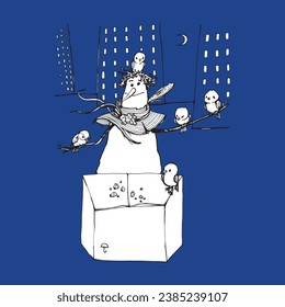 Postcard snowman with birds on a blue background